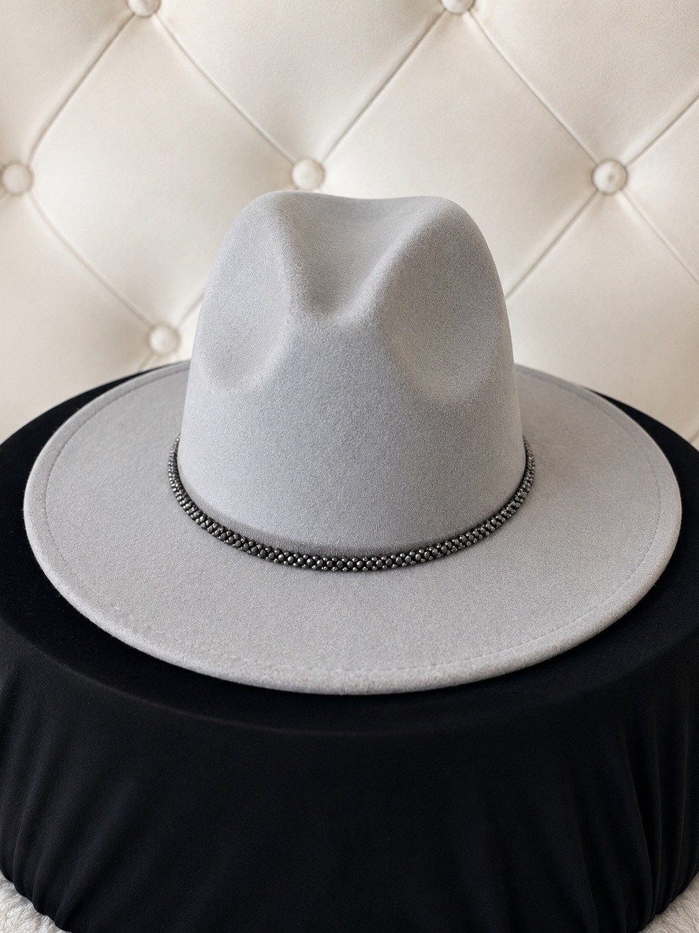 Grey Felt Wide-Brim Hat with Beaded Band